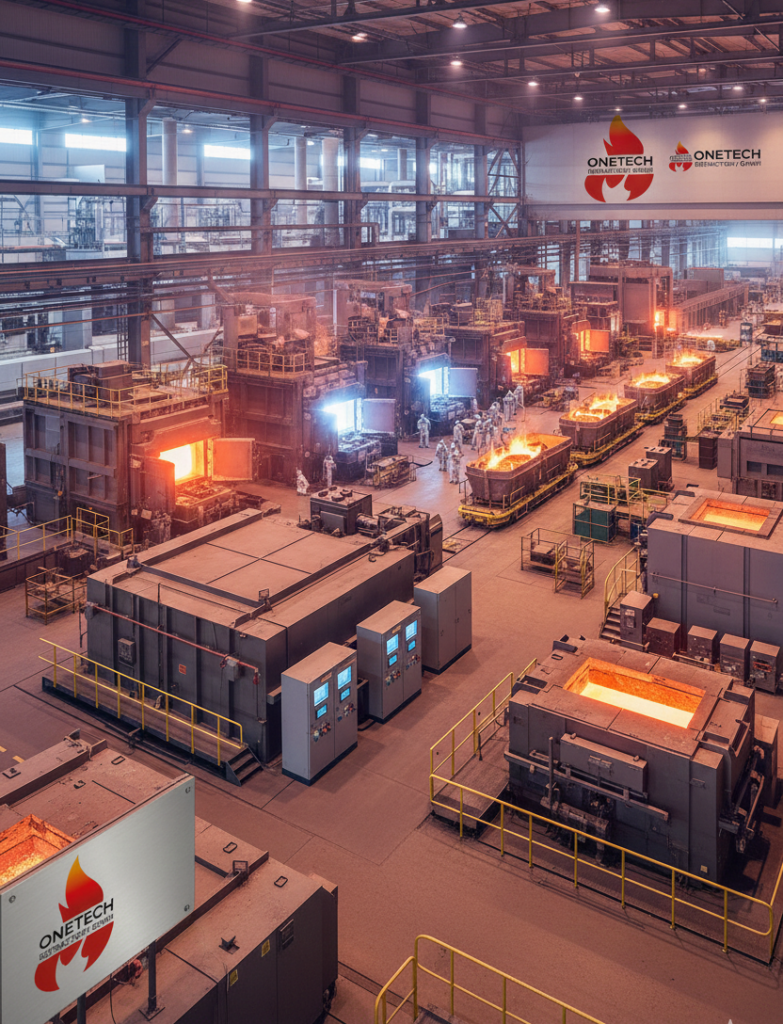 Weitwinkelaufnahme einer modernen Industriehalle mit verschiedenen Hochtemperatur-Schmelzanlagen, glühendem Flüssigmetall und industrieller Beschilderung der ONETECH Refractory GmbH.